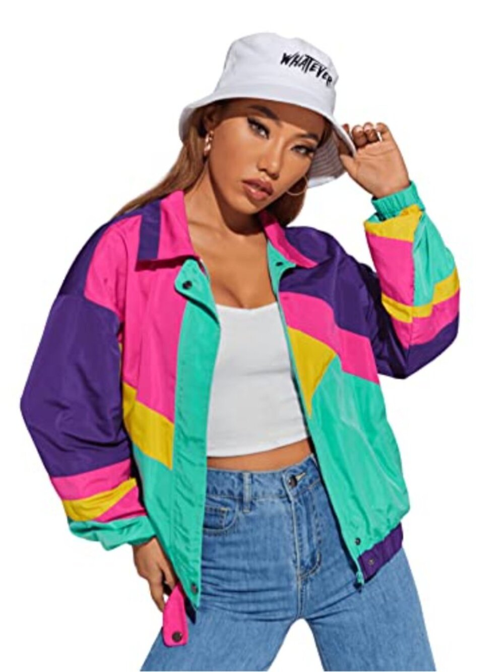 SweatyRocks Lightweight Color Block Bomber Jacket Letter Patch Zip Front